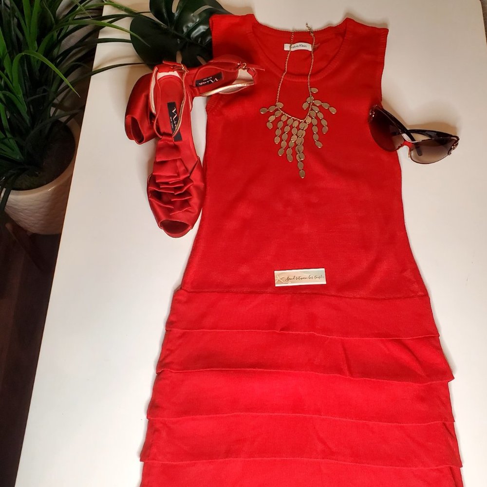 Calvin Klein Red Stretchy Sweater Sleeveless Sheath Dress size xs fits 4…